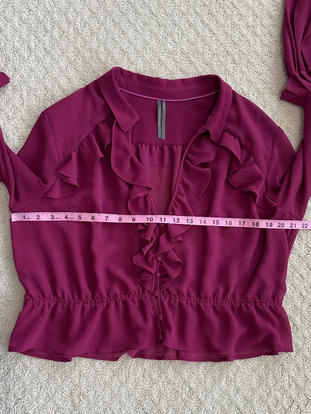 Anthropologie Sheer Ruffled V-Neck Blouse Berry XL Cropped Flowy Lightweight - Picture 15 of 15